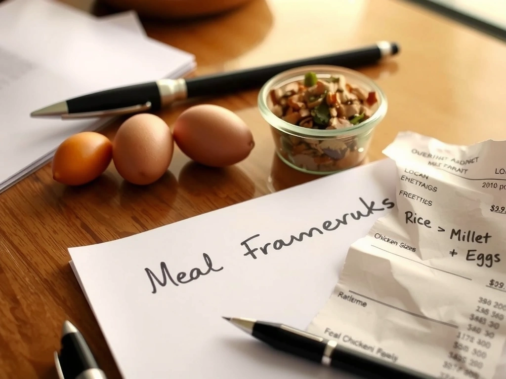 Nutritionist desk with handwritten meal plan and annotated grocery receipt